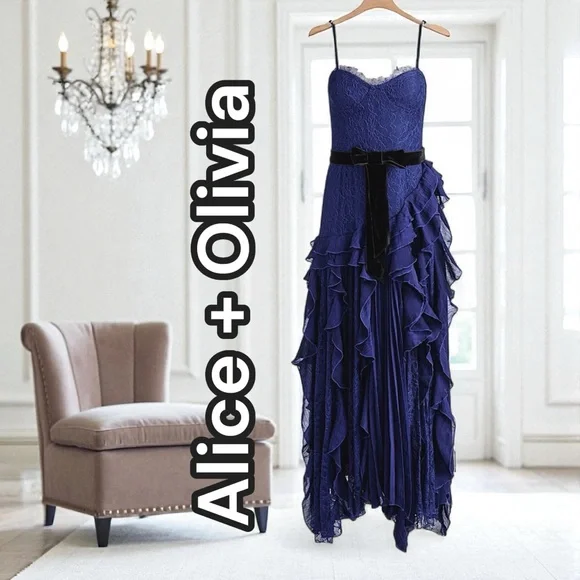 Alice + Olivia Milla Lace Maxi Dress - Blue Lace and Black Velvet Evening Dress - Picture 8 of 10